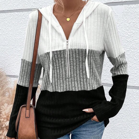 Multicolor Casual Women's Color Block Half Zip Drawstring Hooded Tee - Picture 2 of 6